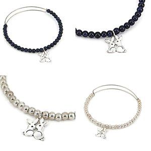 2 Bunnies Charm Bracelet Bangle Wire with Beads Silver Bunny Rabbits 598-1997